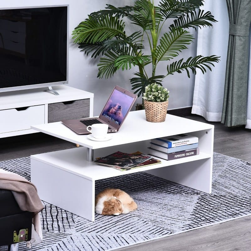2 Tier Coffee Table with Open Shelf - White