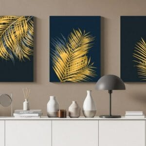 Canvas Wall Art, Abstract Framed Portrait of Golden palm and tropical leaves