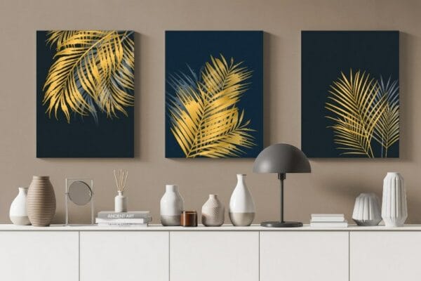 Canvas Wall Art, Abstract Framed Portrait of Golden palm and tropical leaves