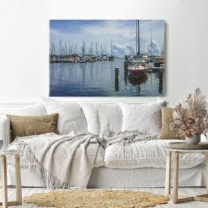 Canvas Wall Art, Abstract Framed Portrait of Shoreline view of yachts on calm