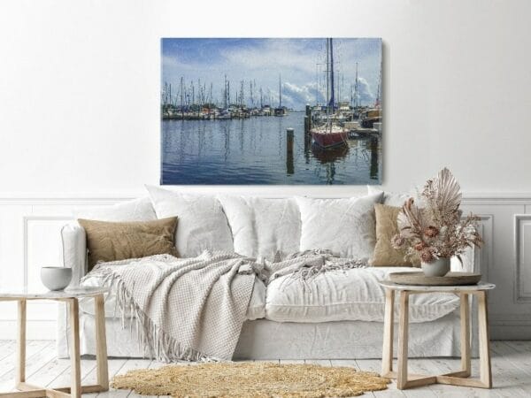Canvas Wall Art, Abstract Framed Portrait of Shoreline view of yachts on calm