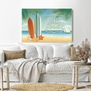 Canvas Wall Art, Abstract Framed Portrait of summer background with surf boards