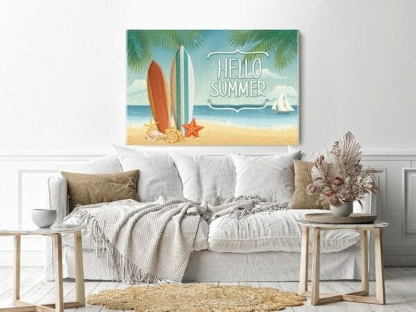 Canvas Wall Art, Abstract Framed Portrait of summer background with surf boards