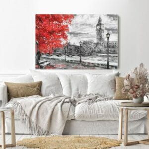 Canvas Wall Art, Abstract Framed Portrait of Big ben and red tree. England. Bridge and river
