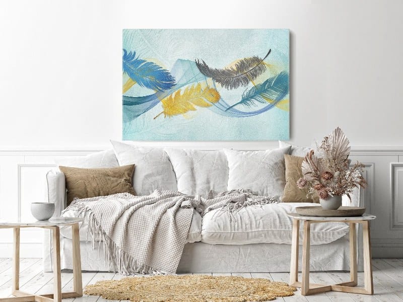 لوحة جدارية من قماش الكانفاس ، صورة مجردة مؤطرة للريش ونمط خلفية فن الخط الأزرقد