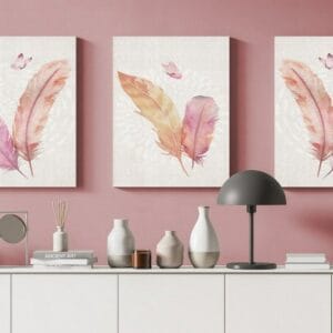 Canvas Wall Art, Abstract canvas Framed Portrait of pink feather butterfly geometric art pattern