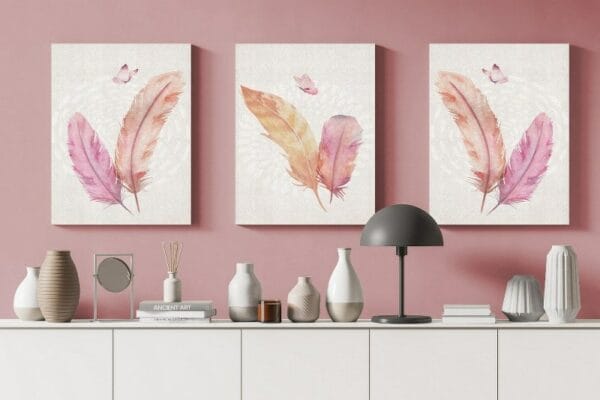 Canvas Wall Art, Abstract canvas Framed Portrait of pink feather butterfly geometric art pattern