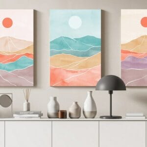 Set of three canvas abstract aesthetic mid century modern colorful landscape Printed wall art
