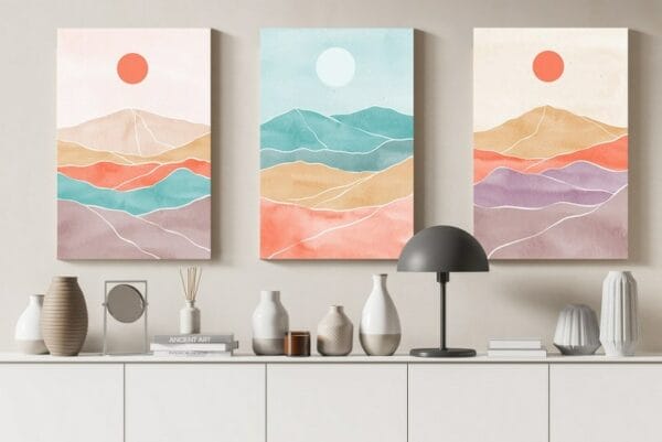 Set of three canvas abstract aesthetic mid century modern colorful landscape Printed wall art