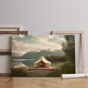 luxurious glamping site with stunning canvas lake mountain Printed canvas wall art