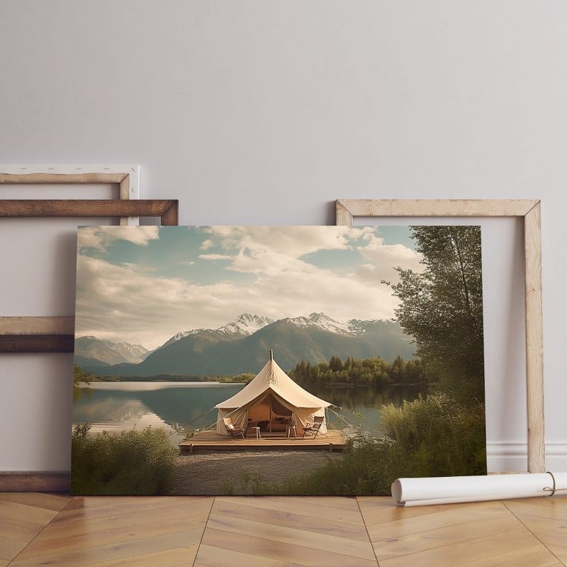 luxurious glamping site with stunning canvas lake mountain Printed canvas wall art