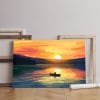 painting canvas man boat lake with sun setting Printed wall art
