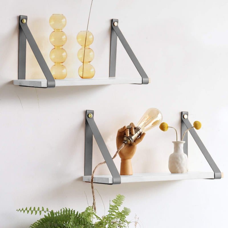 Amazing wall floating shelves PU Gray Leather Strap
