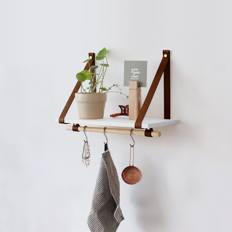 Beautiful wall floating shelves PU Brown Leather Strap