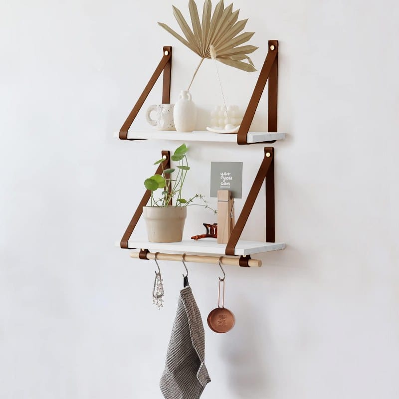 Beautiful Floating Shelves PU Brown Leather Strap Wall