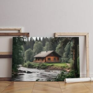 Inspiring view log cabin canvas from forest with the river background Printed wall art