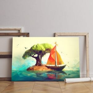 Low poly illustration canvas small island with boat Printed wall art
