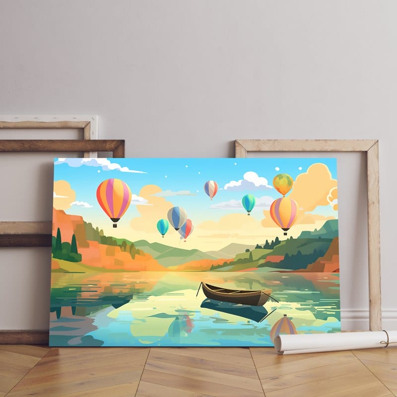 Painting boat floating lake canvas with many colorful balloons floating in the sky