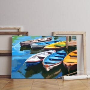 Harbor view canvas with row boats Printed wall art