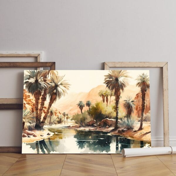 Painting canvas river with palm trees in desert Printed wall art