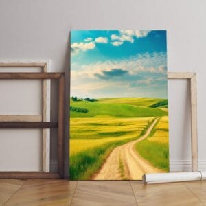 Beautiful canvas Road through summer green field Printed wall art