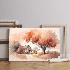 Autumn landscape canvas with watercolor illustration house autumn tree