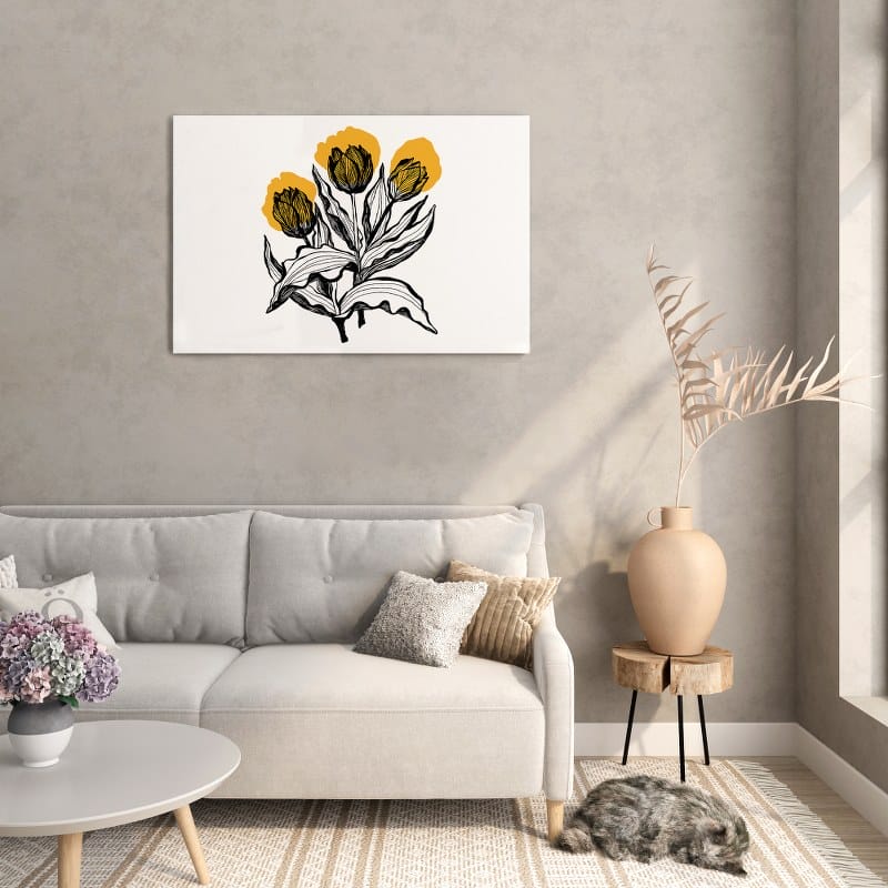 Detailed Illustration canvas Three Flowers Black Yellow Printed wall art