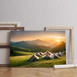 Camping Tents With sunset canvas Landscape Mountain Printed wall art