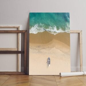 canvas Top view shot people near boat and sand varkala beach Printed wall art