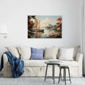 Beautiful canvas Riverscape with Sailboat and Forest Printed wall art