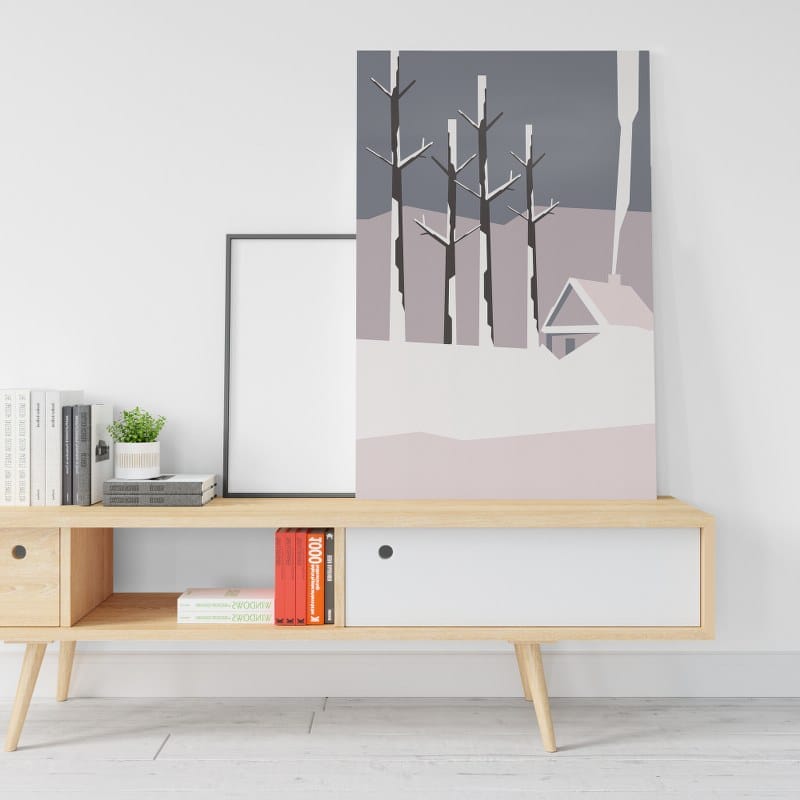 Cabin in the frozen forest canvas with white Printed wall art