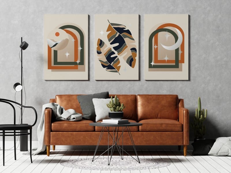 Beautiful Boho set 3 canvas of Leaves with orange and dark green color