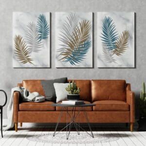 Beautiful Set 3 canvas decorative background poster with palm branches and leaves in boho style