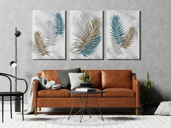 Beautiful Set 3 canvas decorative background poster with palm branches and leaves in boho style