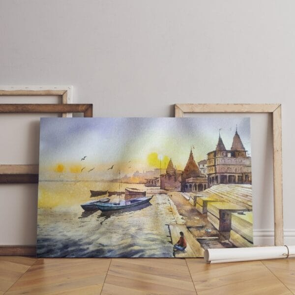 Boats next to the coast printed on canvas