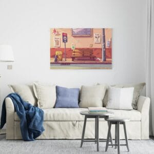 Beautiful background canvas illustration bus stop with sad cat Printed wall art