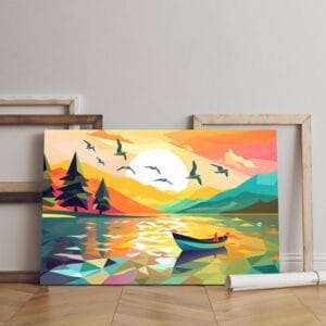 Colorful canvas illustration boat lake with sunset and birds Printed wall art