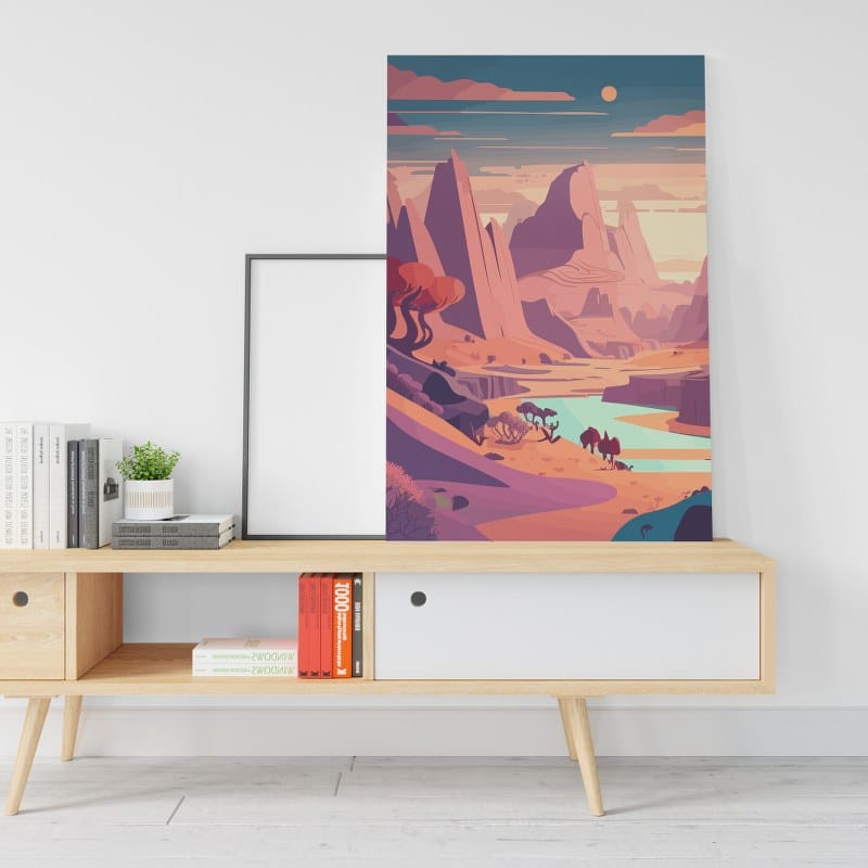 Beautiful Mountain River and Desert canvas Landscape with sunset Posters