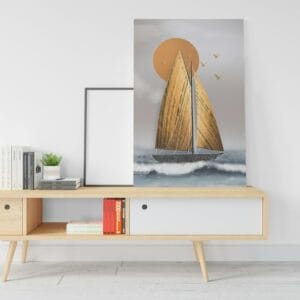 Beautiful golden canvas sailboat with waves Printed wall art