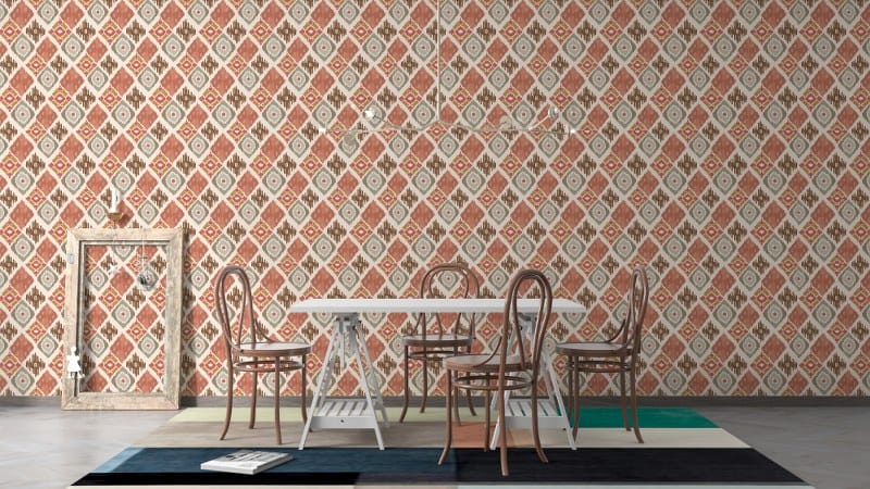 Gold and Red Trellis Fabric Wallpaper Covers an area up to 4.2mX3m with adhesive and smoothing tool