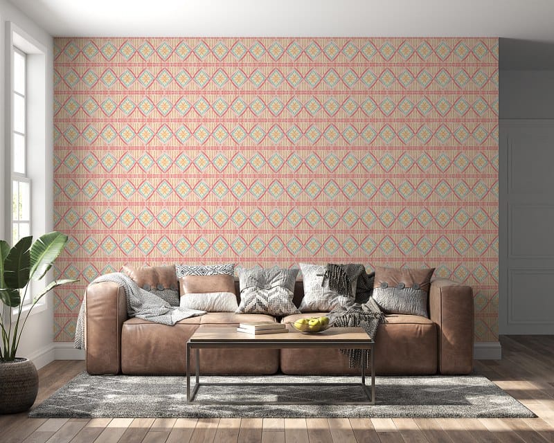 Geometric Pink Blue Art Deco Fabric Wallpaper Covers an area up to 4.2mX3m with adhesive and smoothing tool