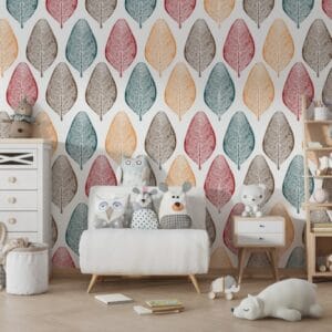 Colorful Leaves outline white Fabric Wallpaper Covers an area ​​up to 4.2mX3m with adhesive  and smoothing tool