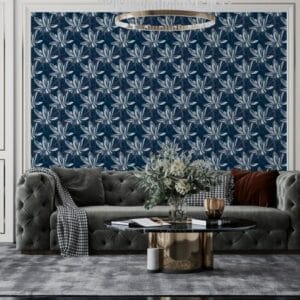 Blue Floral Dark Fabric Wallpaper Covers an area up to 4.2mX3m with adhesive and smoothing tool