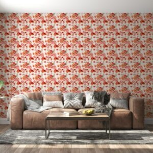 Red Tropical Flowers  Fabric Wallpaper Covers an area ​​up to 4.2mX3m with adhesive  and smoothing tool