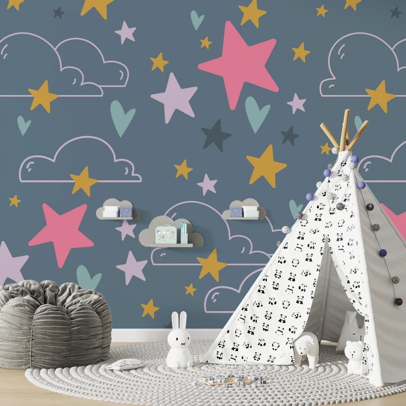 Stars and clouds in boho style on a dark gray background Fabric Wallpaper Covers an area up to 4.2mX3m with adhesive and smoothing tool