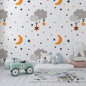 Childish pattern with cartoon clouds, moons and stars Fabric Wallpaper Covers an area ​​up to 4.2mX3m with adhesive  and smoothing tool
