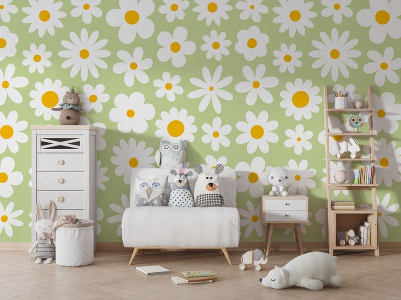 Groovy daisy flowers Vintage 70s style background Fabric Wallpaper Covers an area up to 4.2mX3m with adhesive and smoothing tool