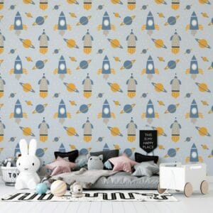 Cartoon planets in doodle style Fabric Wallpaper Covers an area ​​up to 4.2mX3m with adhesive  and smoothing tool