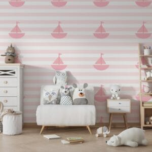 Pink baby shower patterns Cute print with boat Fabric Wallpaper Covers an area ​​up to 4.2mX3m with adhesive  and smoothing tool