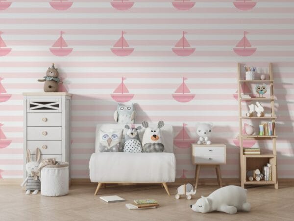 Pink baby shower patterns Cute print with boat Fabric Wallpaper Covers an area ​​up to 4.2mX3m with adhesive  and smoothing tool